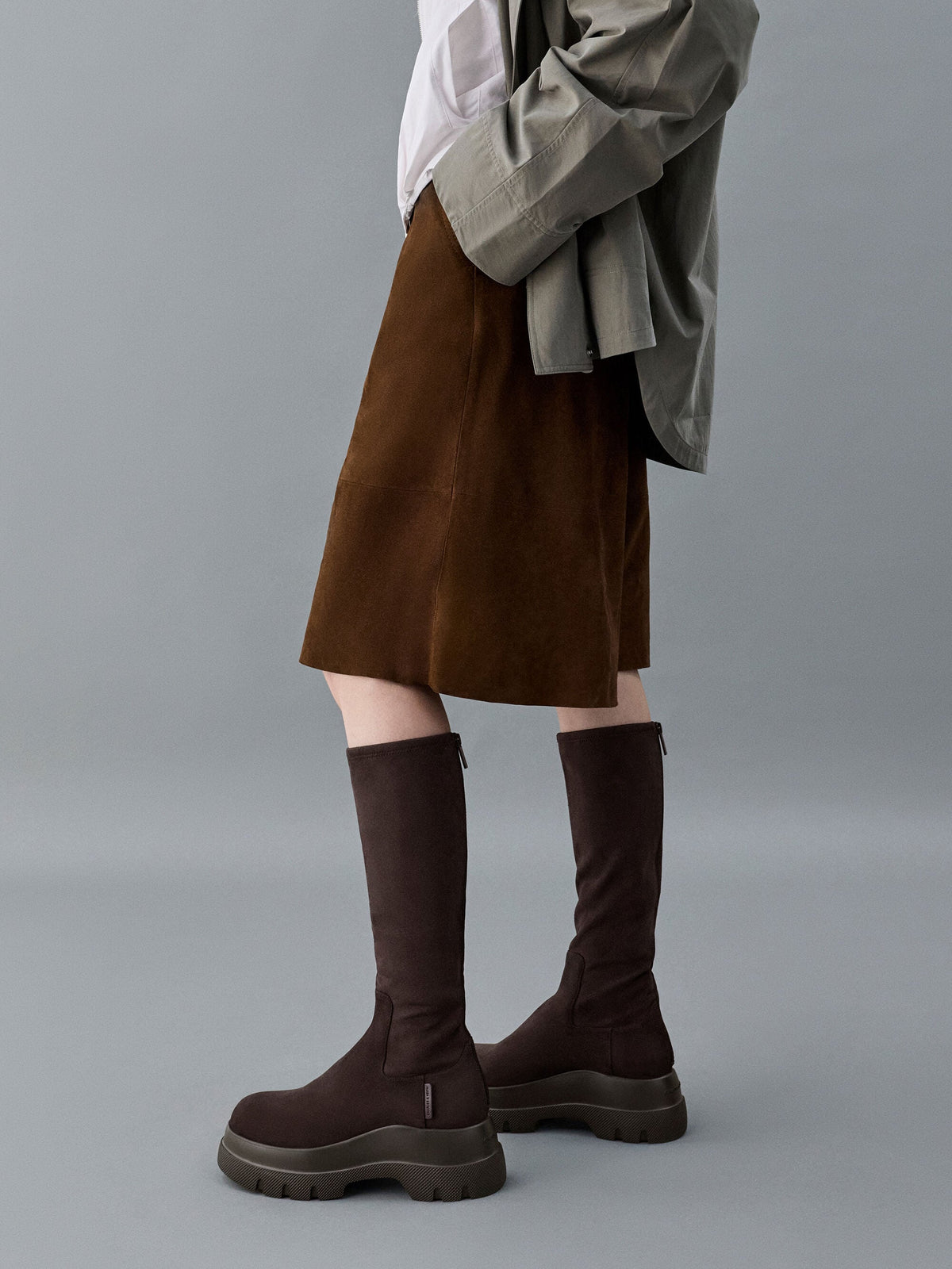 Leoi Faux Suede Chunky Knee-High Boots - Dark Brown Textured | CHARLES & KEITH