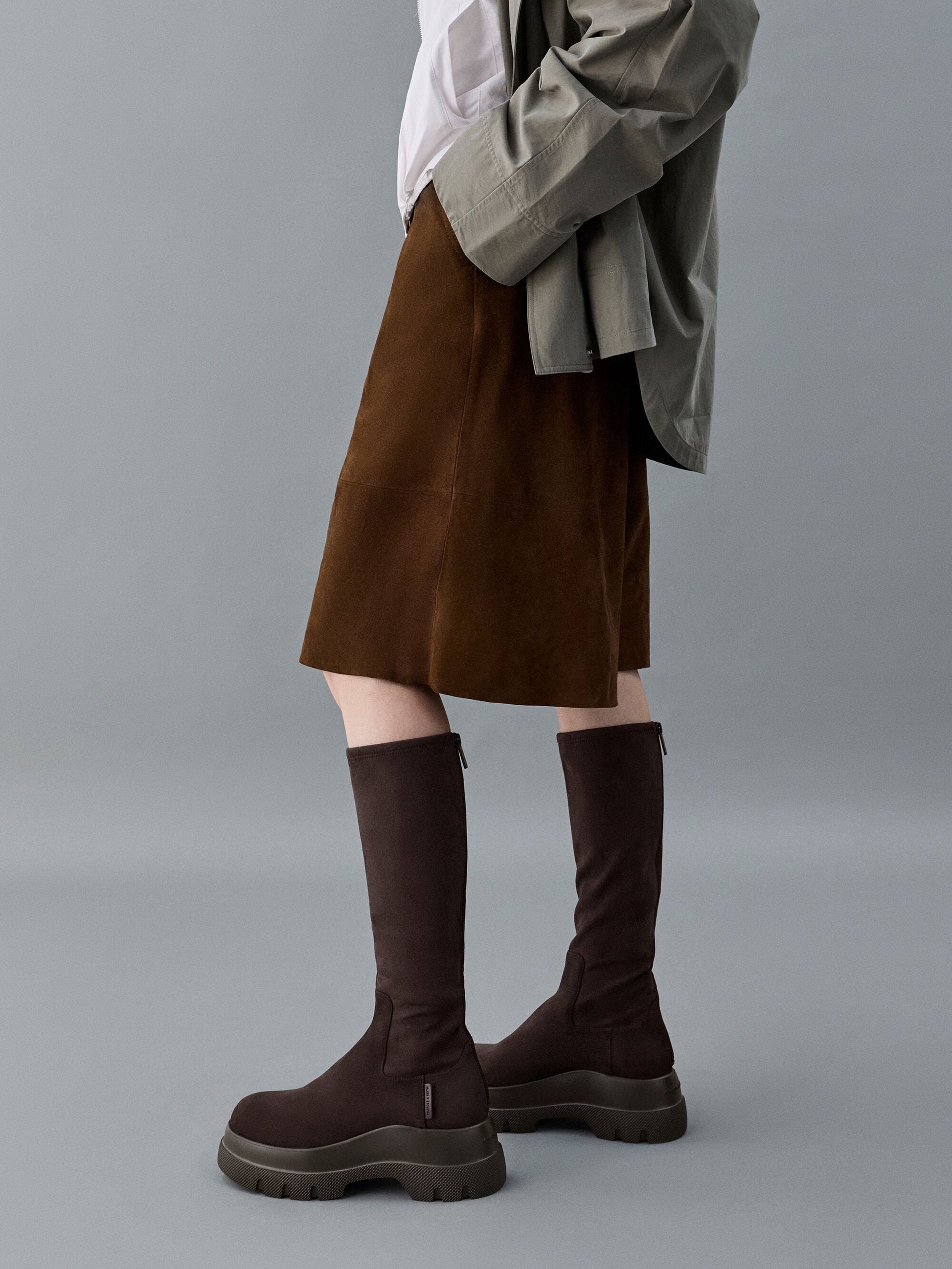 Leoi Faux Suede Chunky Knee-High Boots - Dark Brown Textured | CHARLES & KEITH