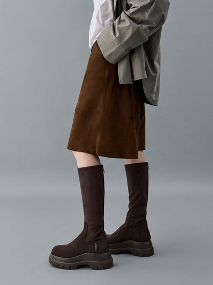 Leoi Faux Suede Chunky Knee-High Boots - Dark Brown Textured | CHARLES & KEITH