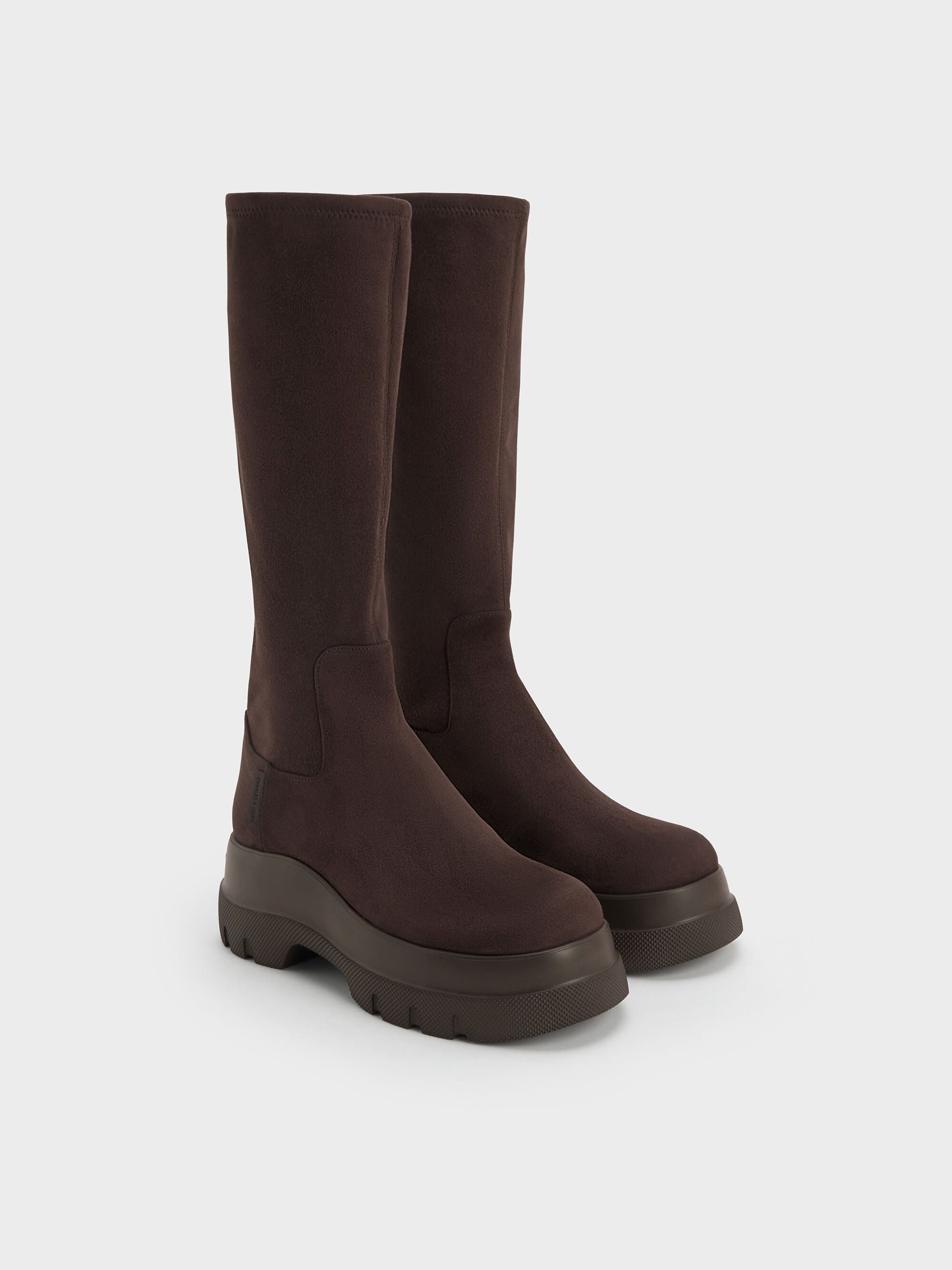 Leoi Faux Suede Chunky Knee-High Boots - Dark Brown Textured | CHARLES & KEITH