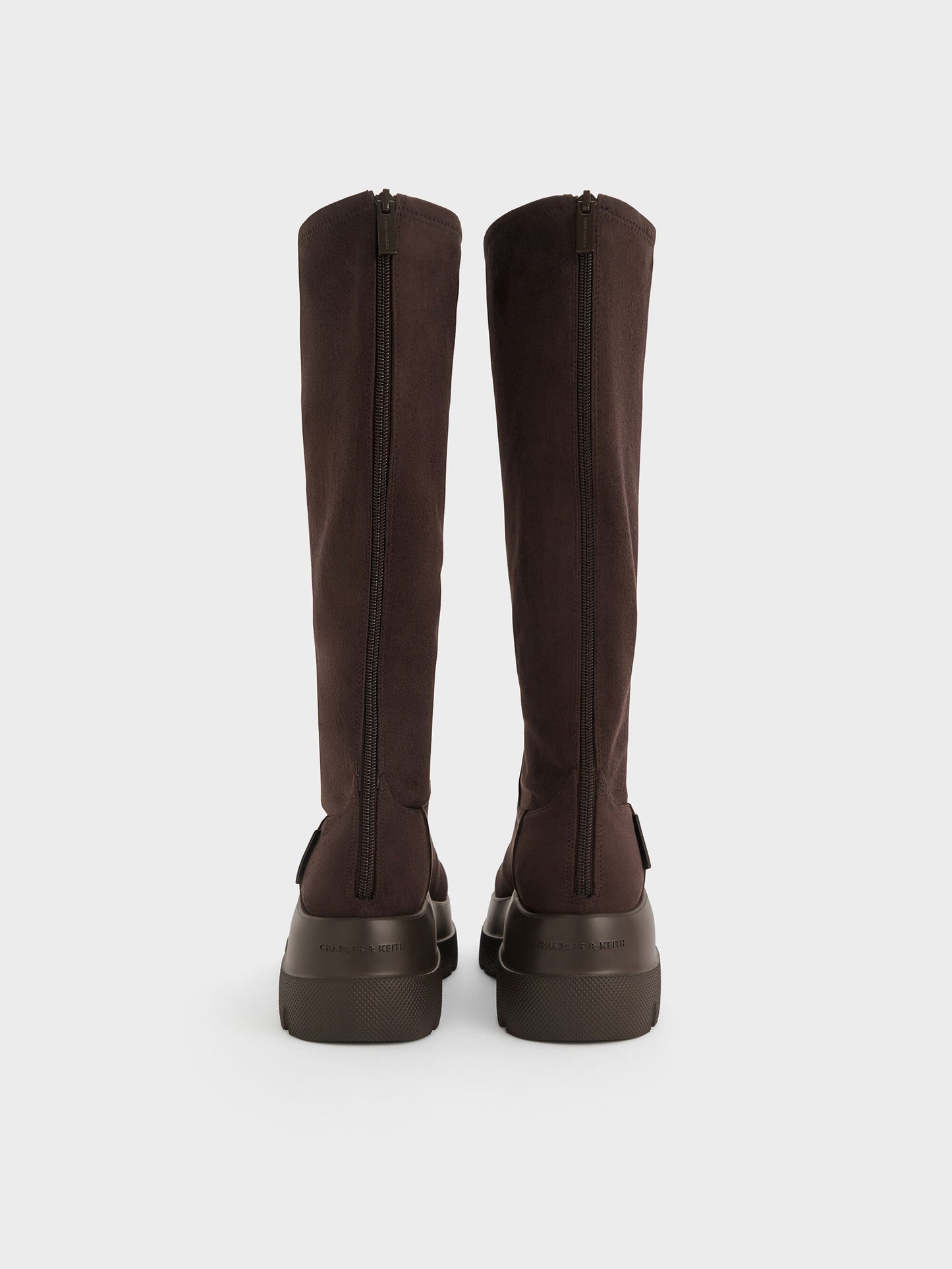 Leoi Faux Suede Chunky Knee-High Boots - Dark Brown Textured | CHARLES & KEITH