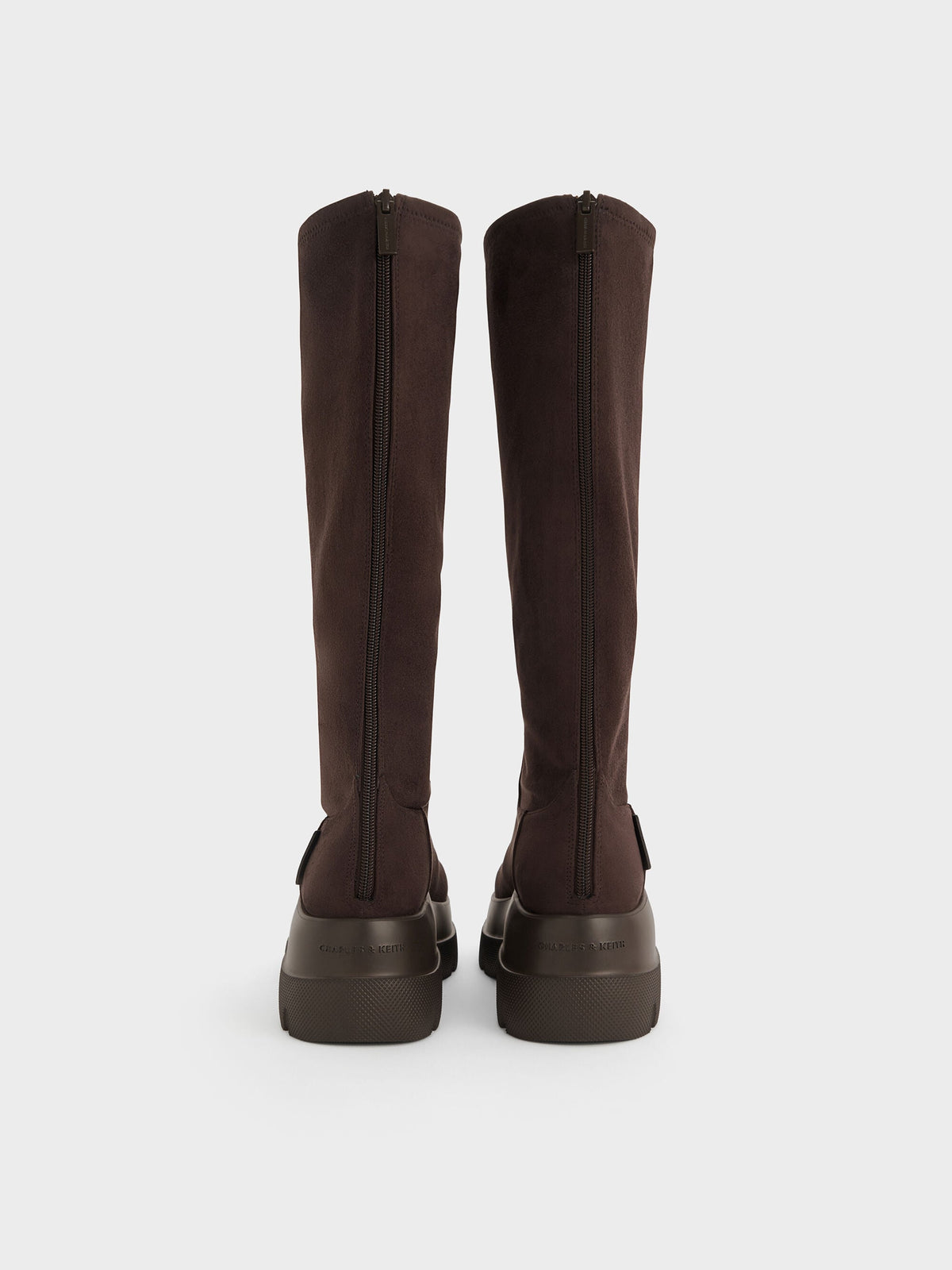 Leoi Faux Suede Chunky Knee-High Boots - Dark Brown Textured | CHARLES & KEITH