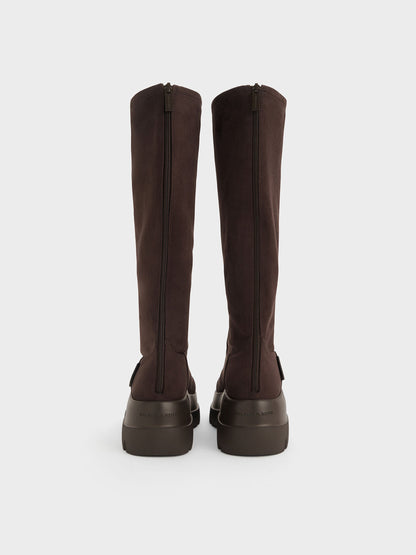 Leoi Faux Suede Chunky Knee-High Boots - Dark Brown Textured | CHARLES & KEITH