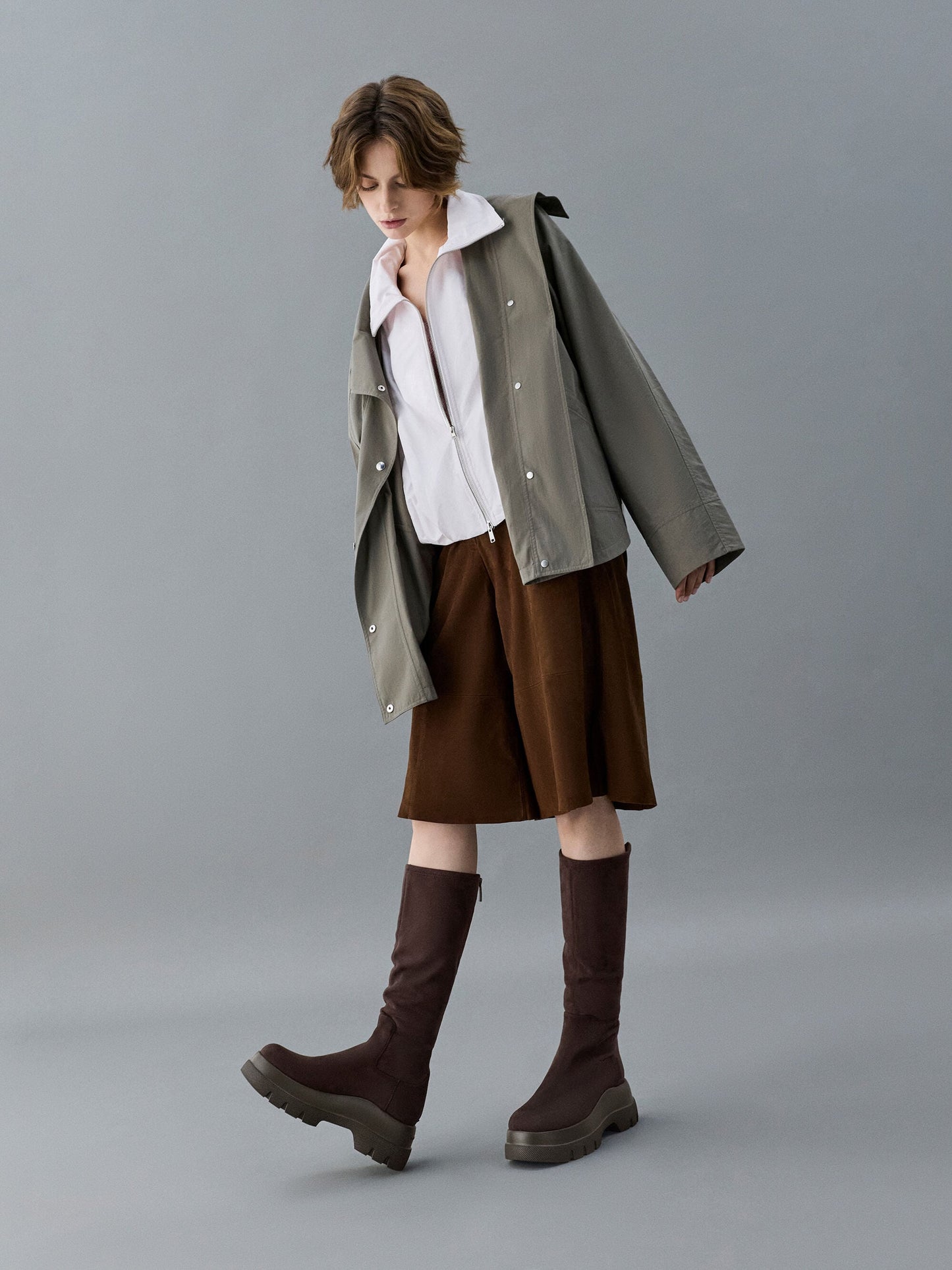 Leoi Faux Suede Chunky Knee-High Boots - Dark Brown Textured | CHARLES & KEITH