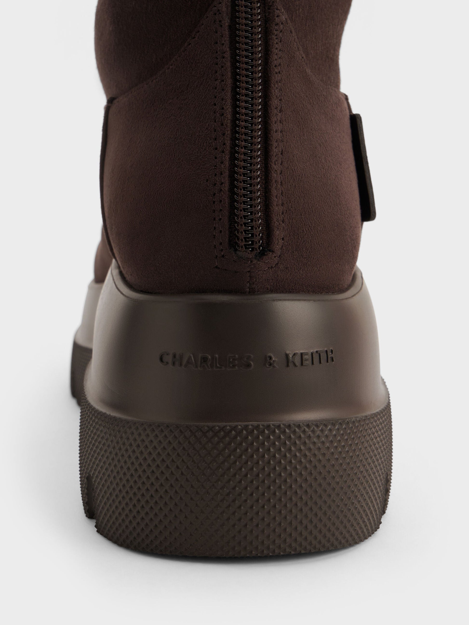 Leoi Faux Suede Chunky Knee-High Boots - Dark Brown Textured | CHARLES & KEITH