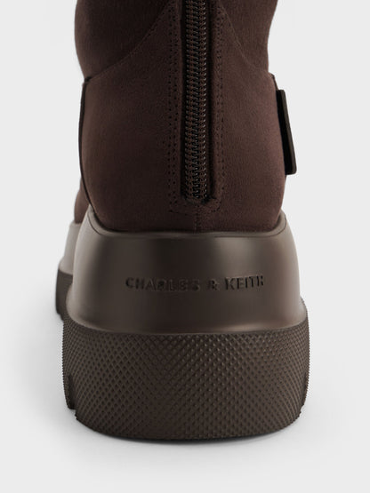 Leoi Faux Suede Chunky Knee-High Boots - Dark Brown Textured | CHARLES & KEITH
