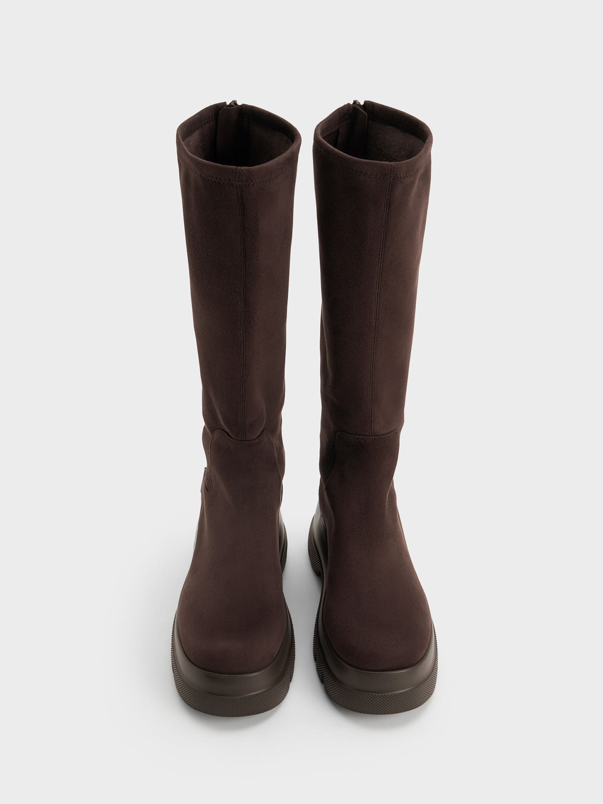 Leoi Faux Suede Chunky Knee-High Boots - Dark Brown Textured | CHARLES & KEITH