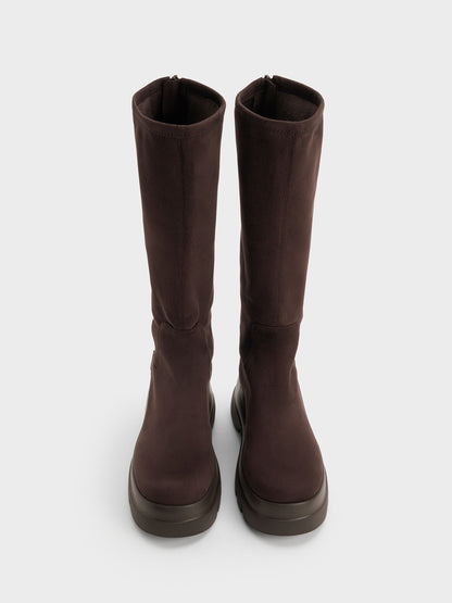 Leoi Faux Suede Chunky Knee-High Boots - Dark Brown Textured | CHARLES & KEITH