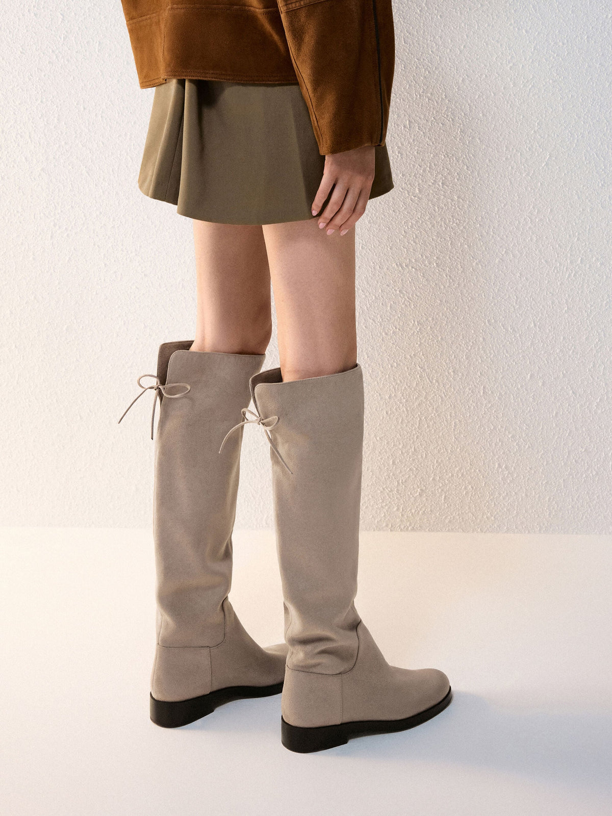Louisa Faux Suede Fold-Over Thigh-High Boots - Taupe | CHARLES & KEITH