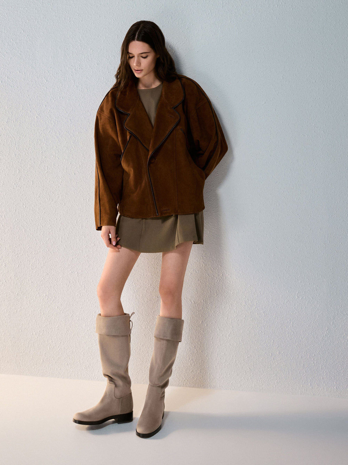 Louisa Faux Suede Fold-Over Thigh-High Boots - Taupe | CHARLES & KEITH