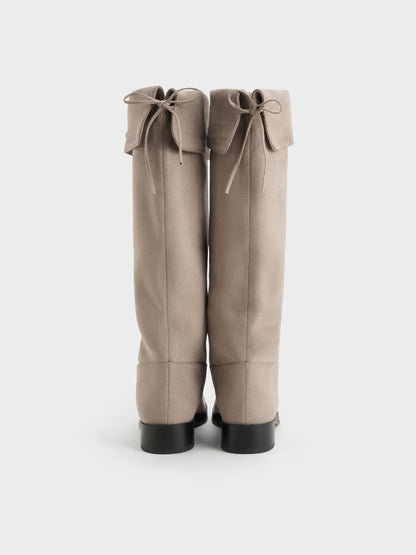 Louisa Faux Suede Fold-Over Thigh-High Boots - Taupe | CHARLES & KEITH