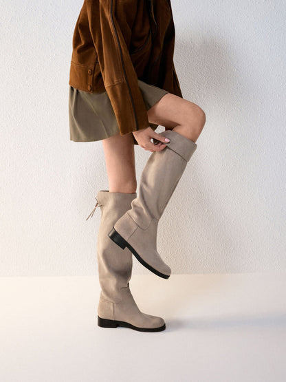 Louisa Faux Suede Fold-Over Thigh-High Boots - Taupe | CHARLES & KEITH