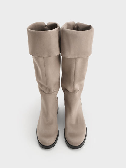 Louisa Faux Suede Fold-Over Thigh-High Boots - Taupe | CHARLES & KEITH