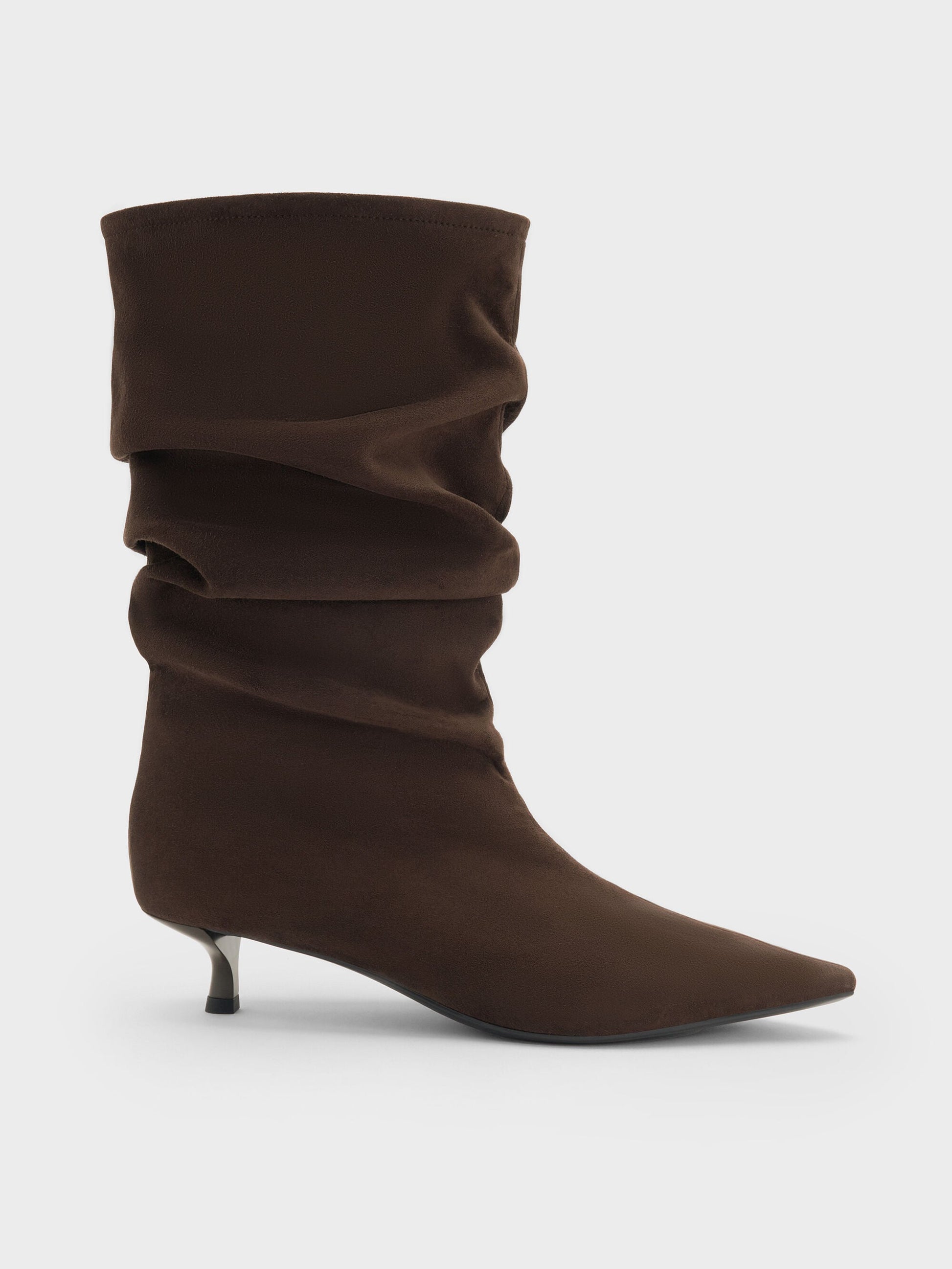 Faux Suede Ruched Kitten-Heel Calf Boots - Dark Brown Textured | CHARLES & KEITH