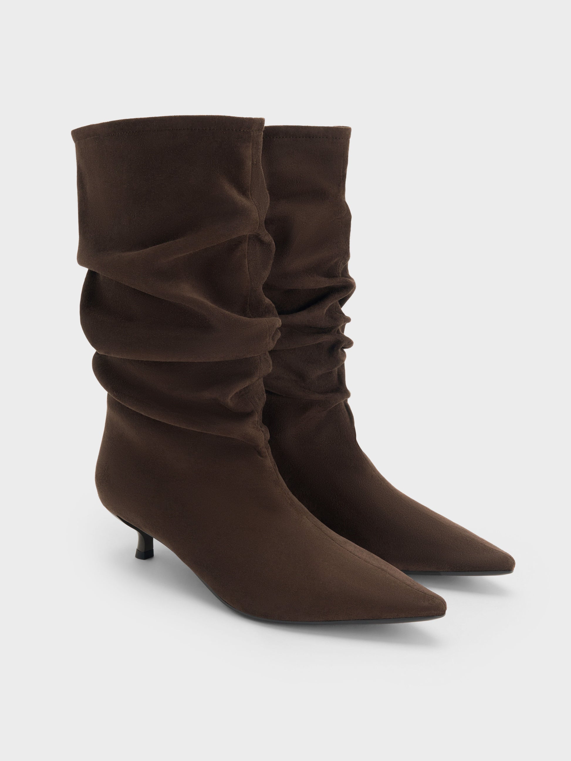 Faux Suede Ruched Kitten-Heel Calf Boots - Dark Brown Textured | CHARLES & KEITH
