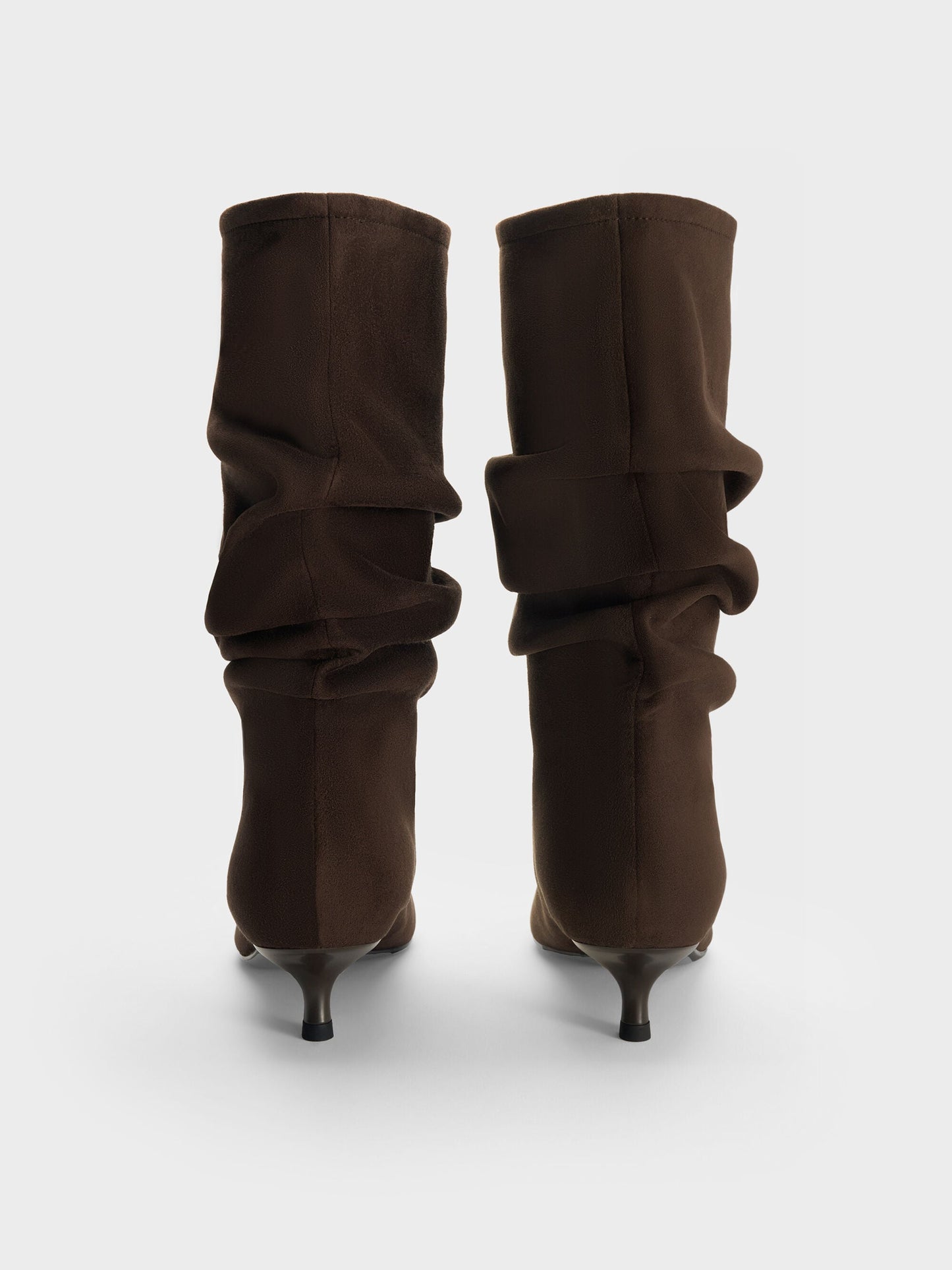 Faux Suede Ruched Kitten-Heel Calf Boots - Dark Brown Textured | CHARLES & KEITH