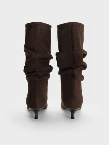 Faux Suede Ruched Kitten-Heel Calf Boots - Dark Brown Textured | CHARLES & KEITH