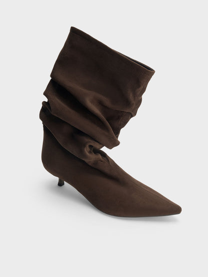 Faux Suede Ruched Kitten-Heel Calf Boots - Dark Brown Textured | CHARLES & KEITH