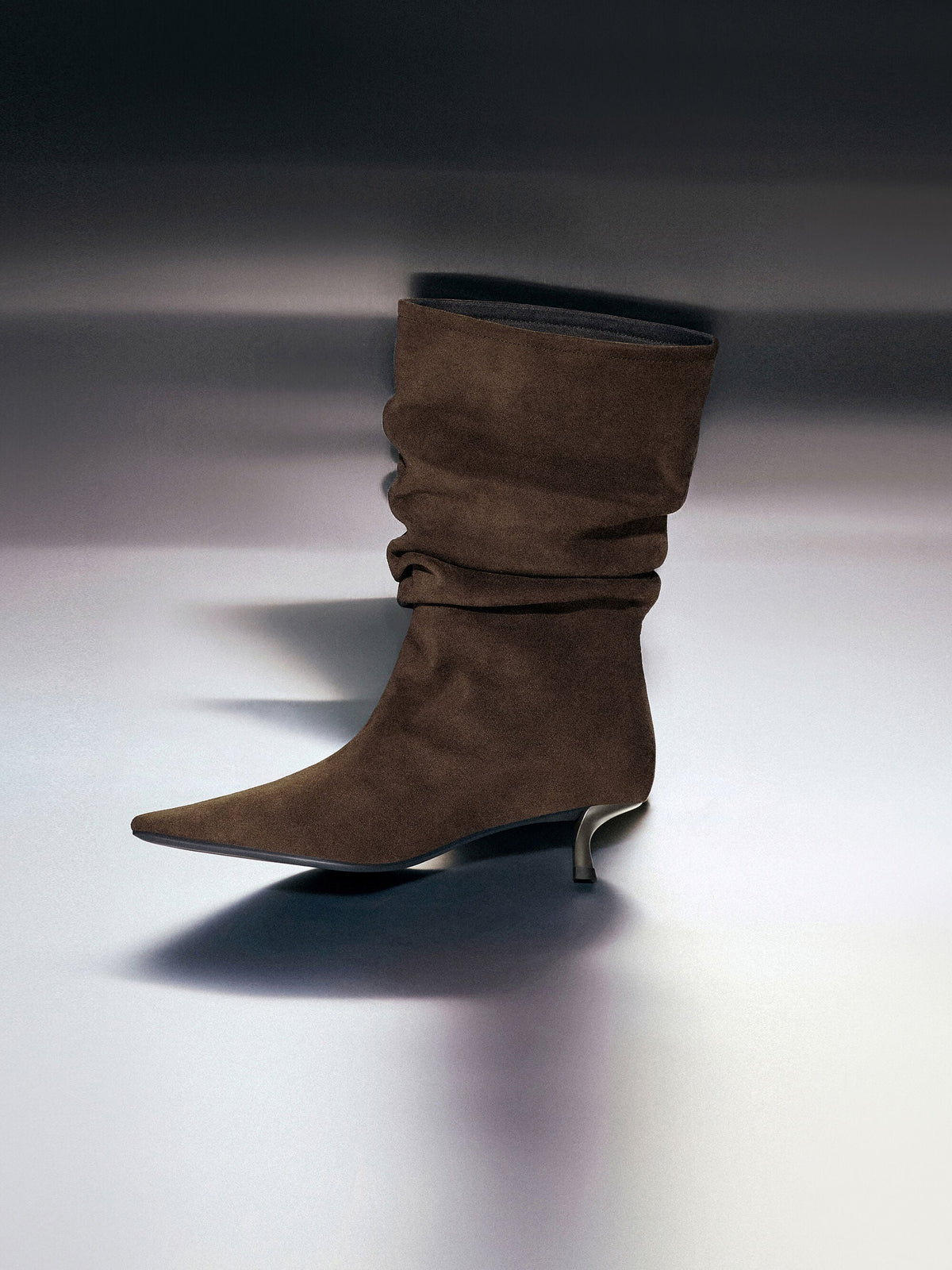 Faux Suede Ruched Kitten-Heel Calf Boots - Dark Brown Textured | CHARLES & KEITH