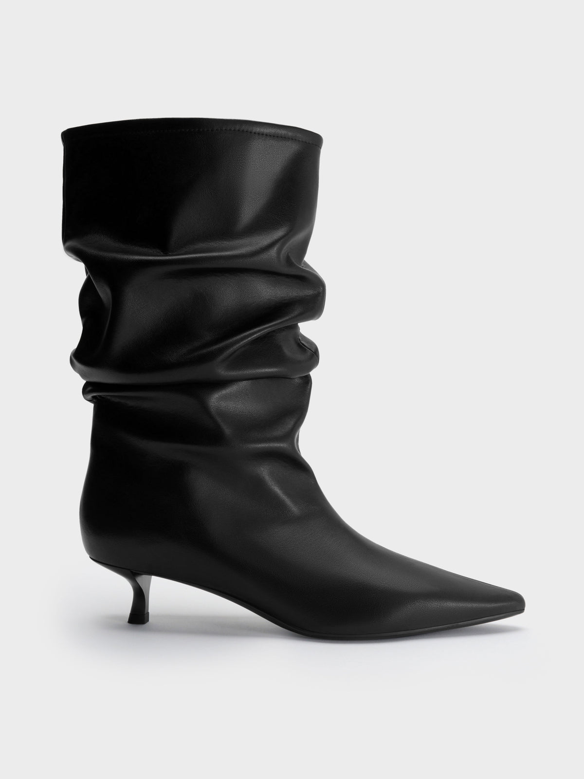Ruched Kitten-Heel Calf Boots - Black | CHARLES & KEITH