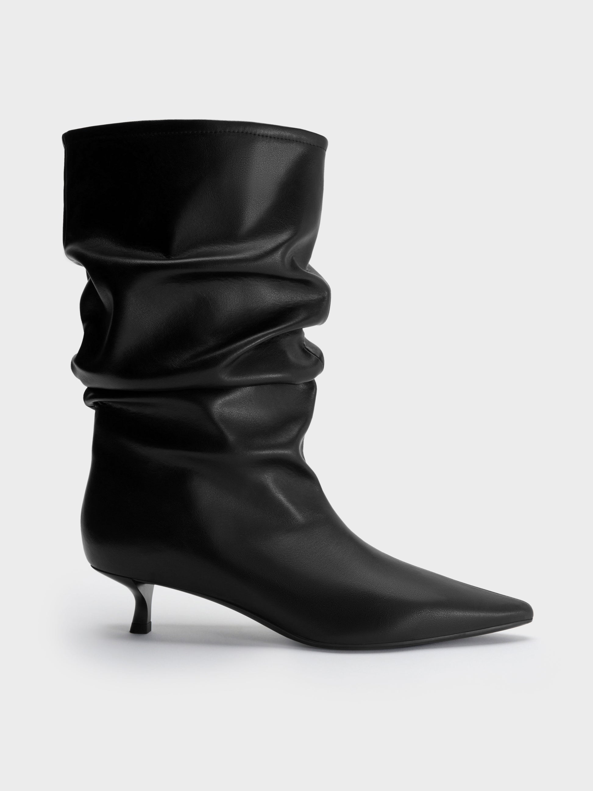 Ruched Kitten-Heel Calf Boots - Black | CHARLES & KEITH