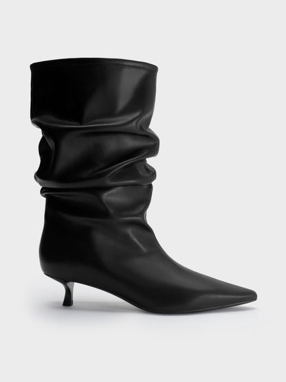 Ruched Kitten-Heel Calf Boots - Black | CHARLES & KEITH