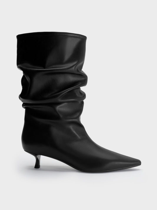 Ruched Kitten-Heel Calf Boots - Black | CHARLES & KEITH
