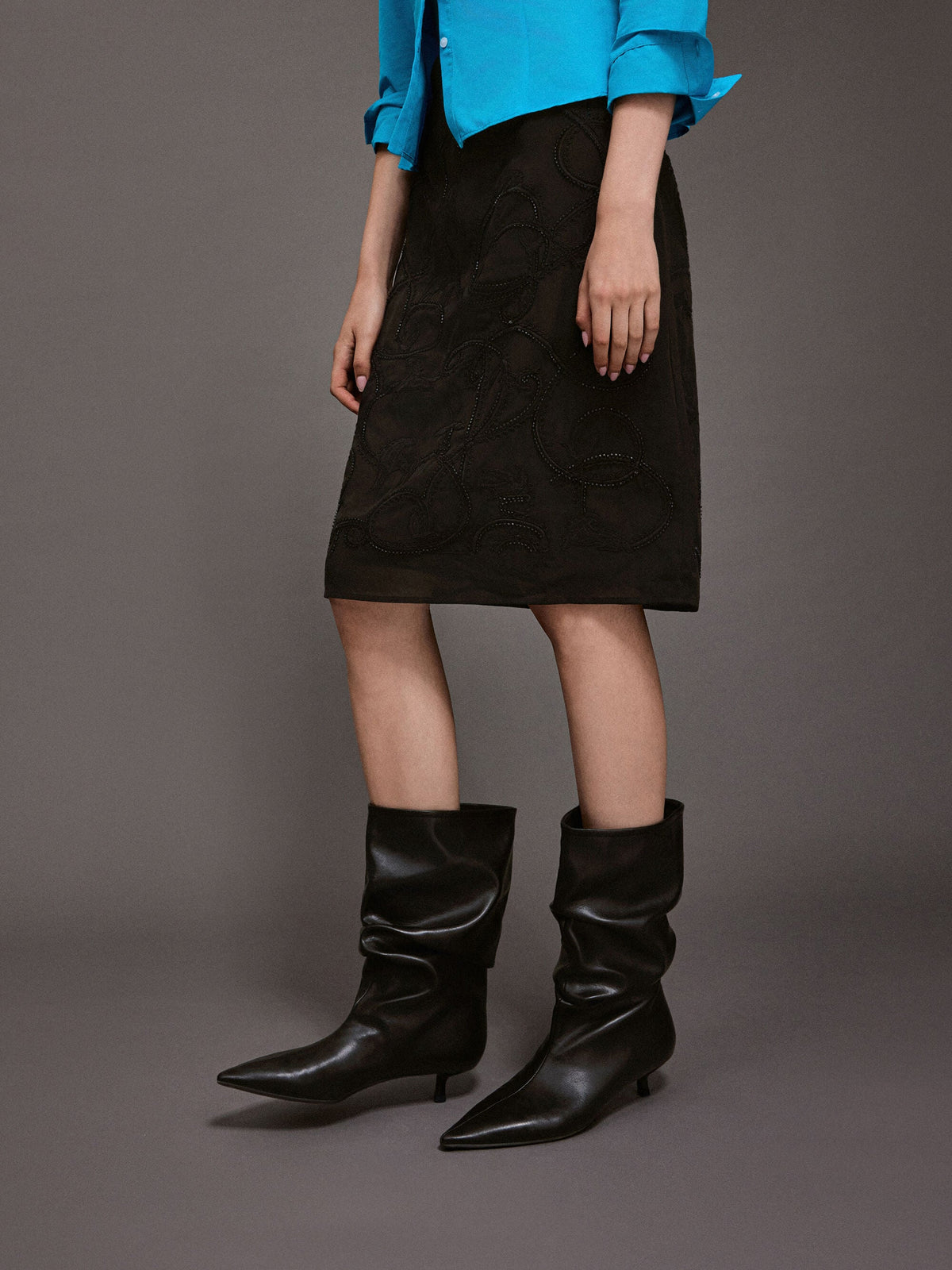 Ruched Kitten-Heel Calf Boots - Black | CHARLES & KEITH