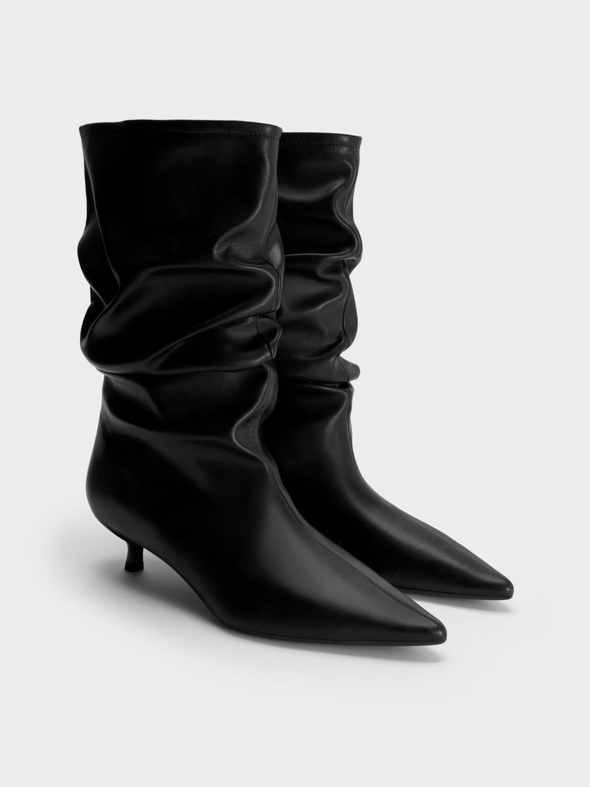 Ruched Kitten-Heel Calf Boots - Black | CHARLES & KEITH