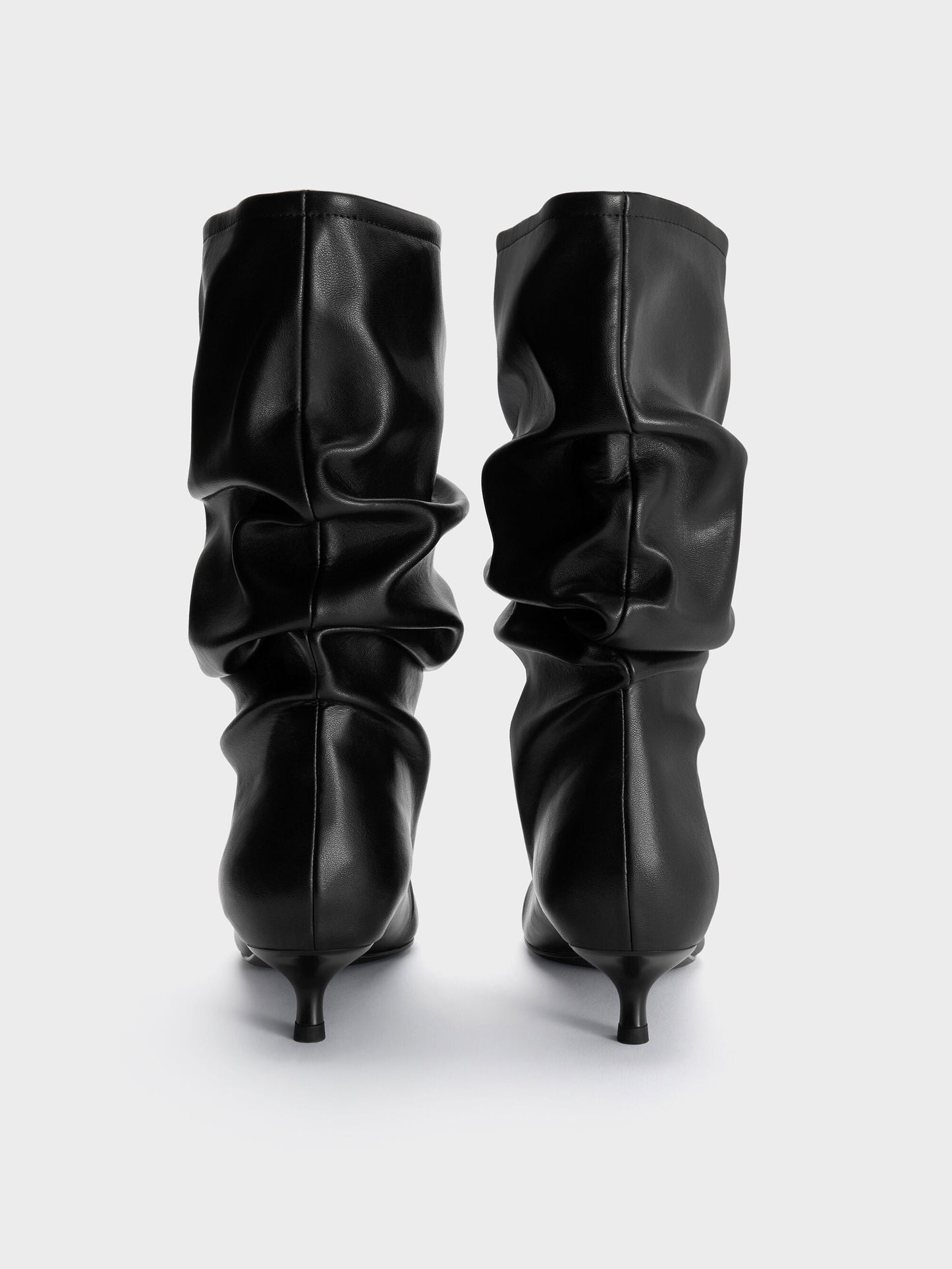 Ruched Kitten-Heel Calf Boots - Black | CHARLES & KEITH