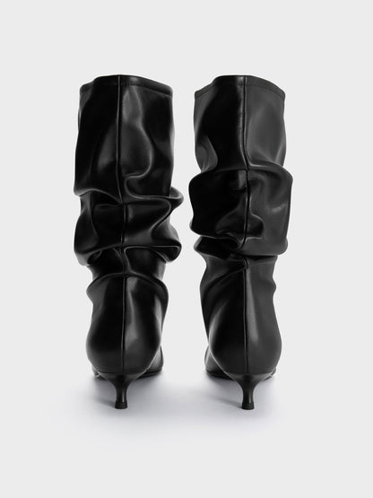 Ruched Kitten-Heel Calf Boots - Black | CHARLES & KEITH