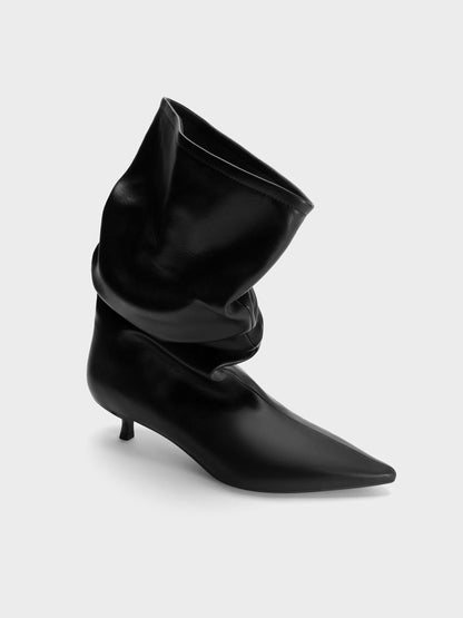Ruched Kitten-Heel Calf Boots - Black | CHARLES & KEITH