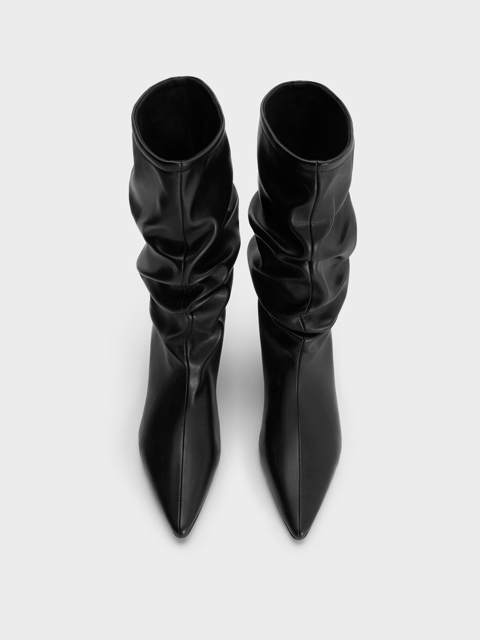 Ruched Kitten-Heel Calf Boots - Black | CHARLES & KEITH