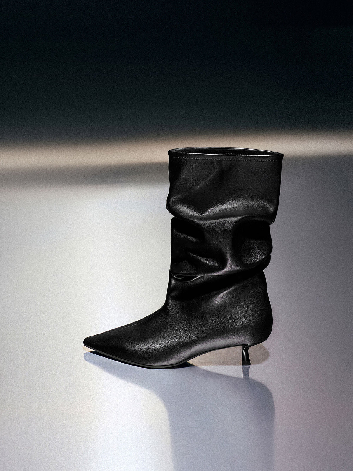 Ruched Kitten-Heel Calf Boots - Black | CHARLES & KEITH