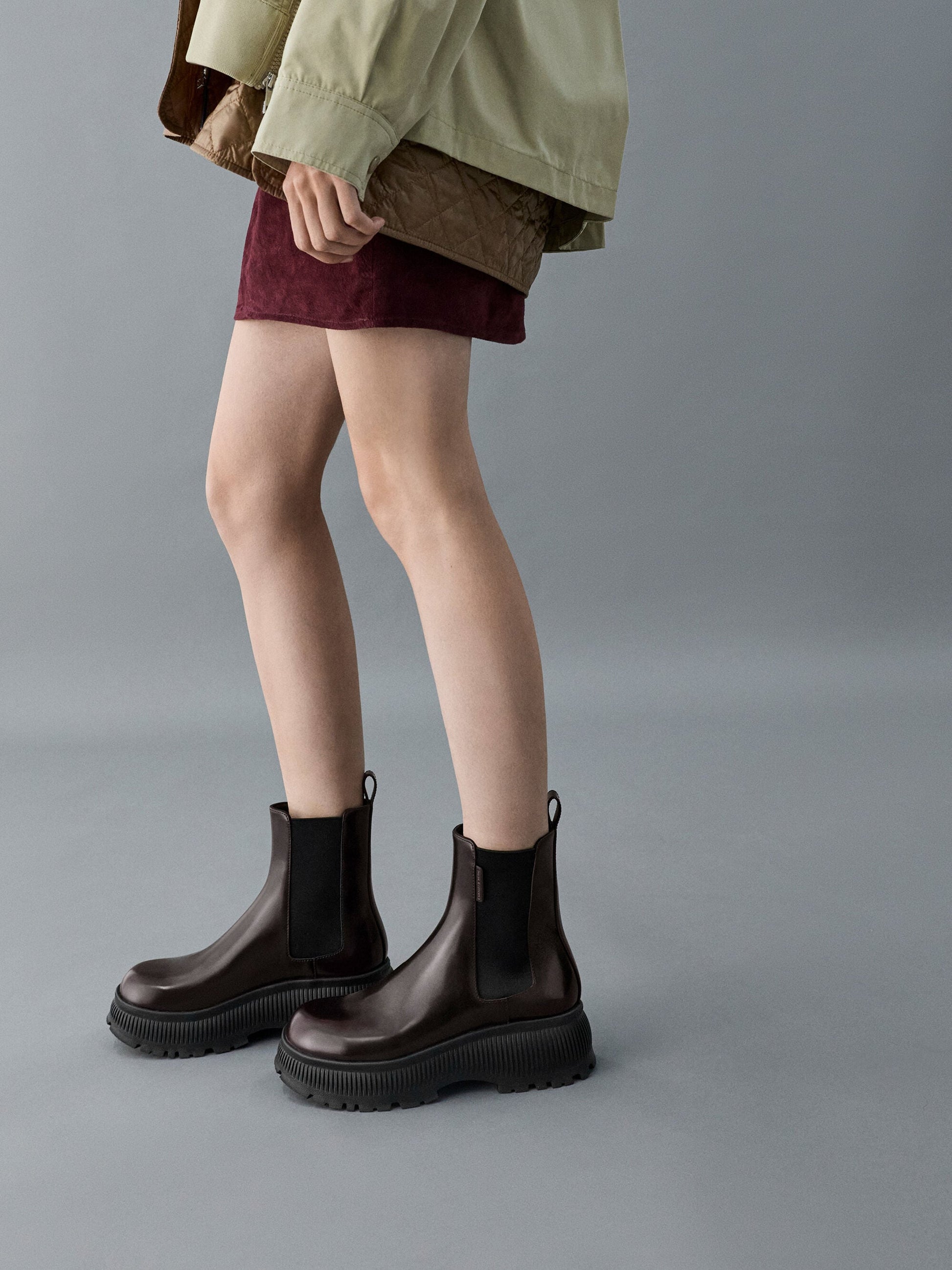 Darra Ridged-Sole Ankle Boots - Burgundy | CHARLES & KEITH