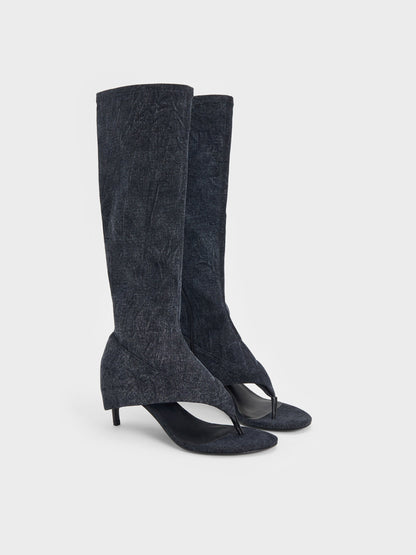 Aether Denim Thong Boots - Dark Blue | CHARLES & KEITH