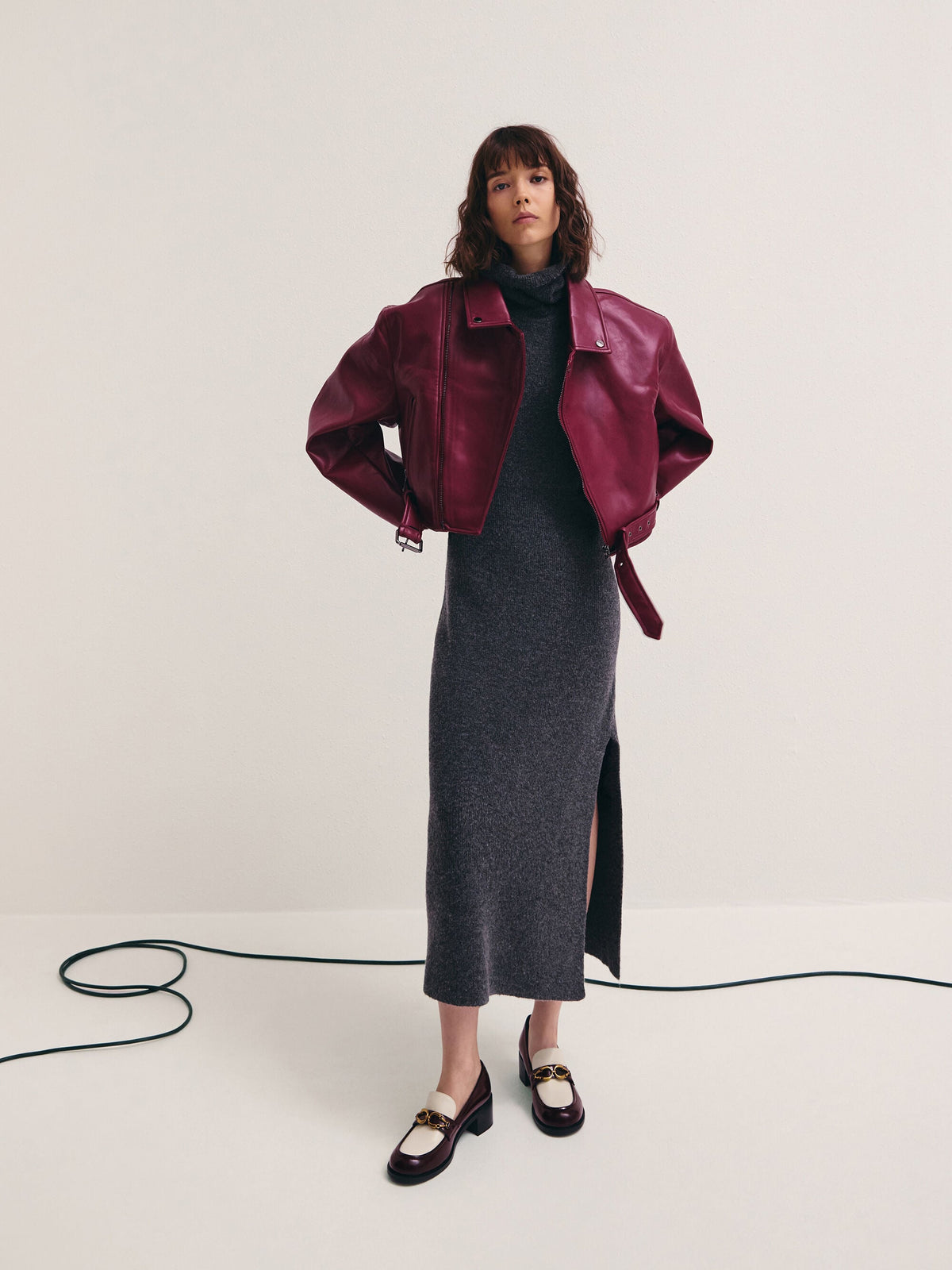 Two-Tone Metallic-Buckle Loafer Pumps - Burgundy | CHARLES & KEITH