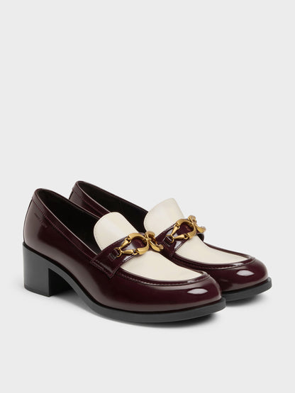 Two-Tone Metallic-Buckle Loafer Pumps - Burgundy | CHARLES & KEITH