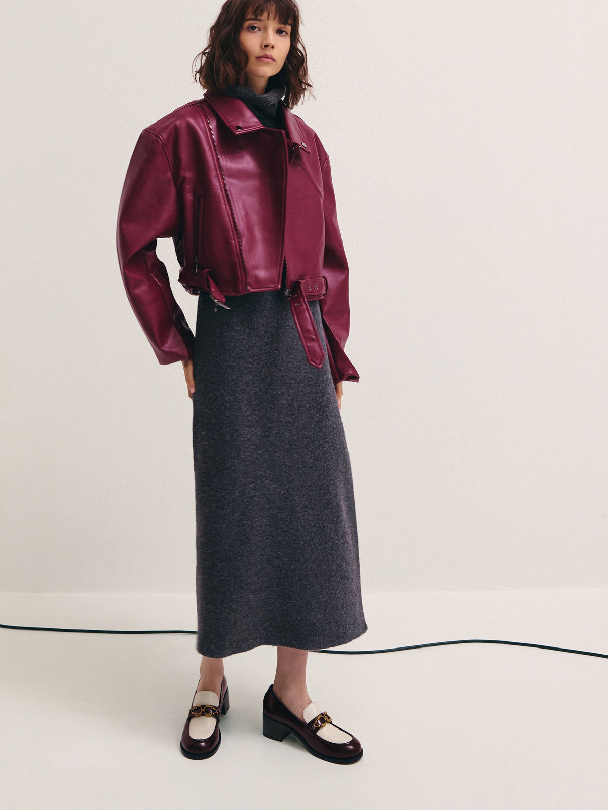 Two-Tone Metallic-Buckle Loafer Pumps - Burgundy | CHARLES & KEITH