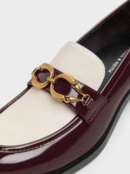 Two-Tone Metallic-Buckle Loafer Pumps - Burgundy | CHARLES & KEITH
