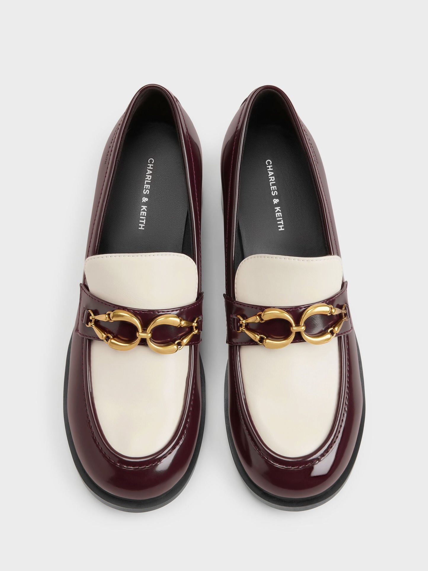 Two-Tone Metallic-Buckle Loafer Pumps - Burgundy | CHARLES & KEITH