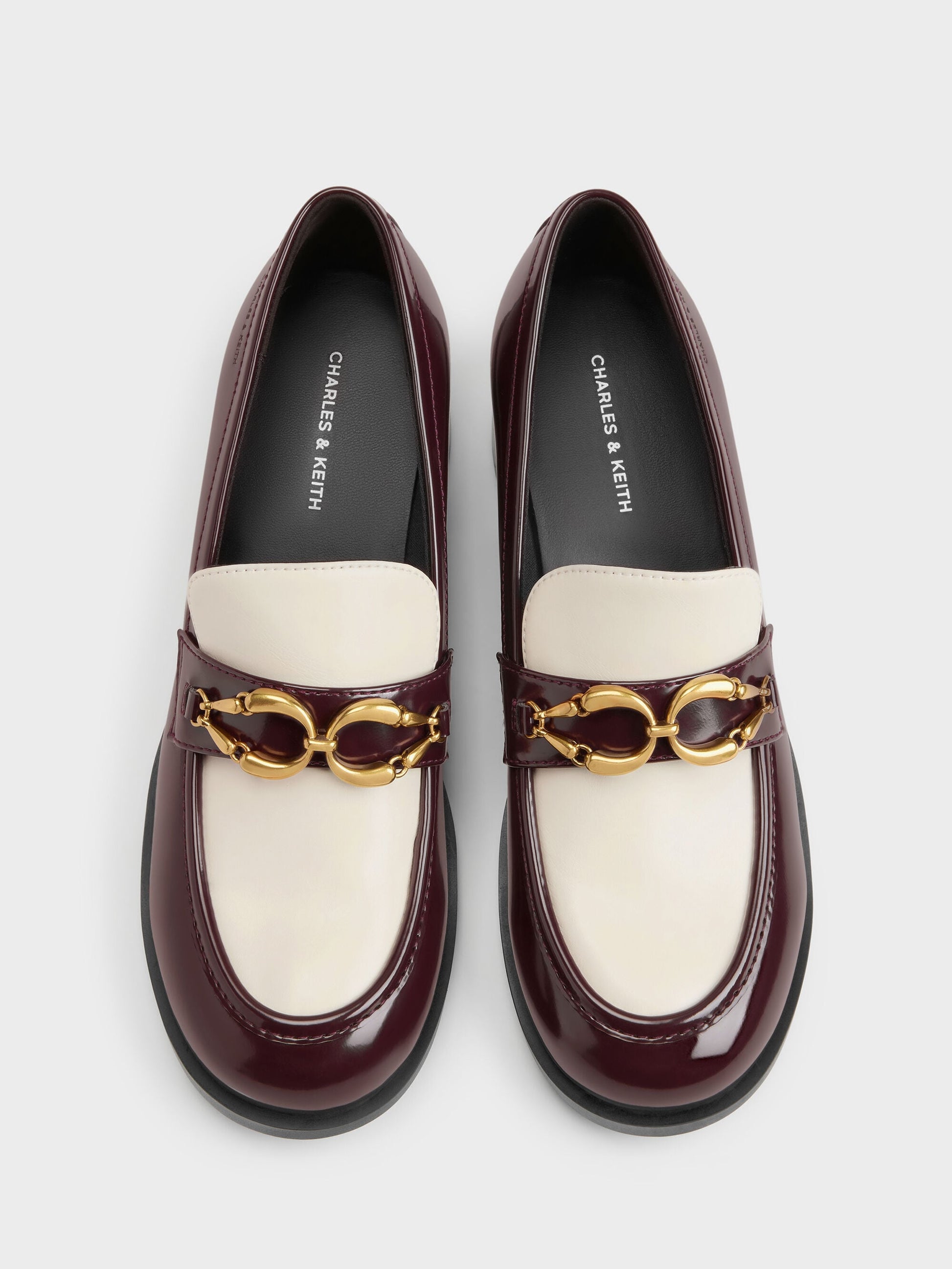 Two-Tone Metallic-Buckle Loafer Pumps - Burgundy | CHARLES & KEITH
