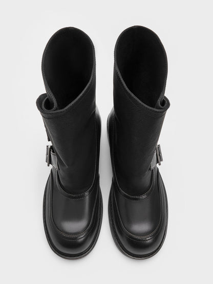 Aether Buckled Calf Boots - Black | CHARLES & KEITH