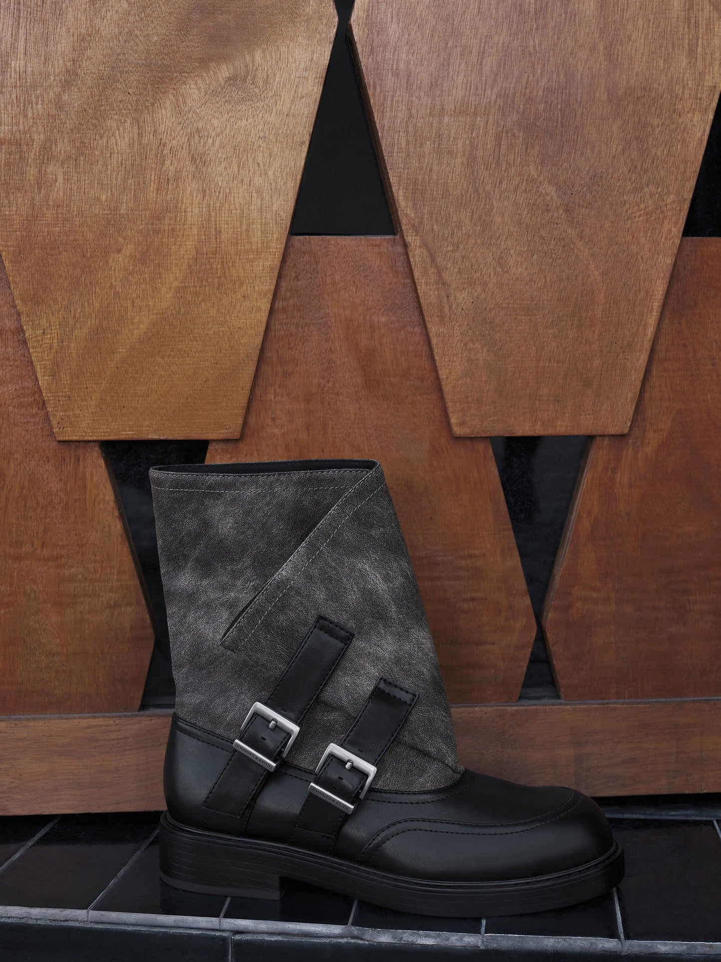 Aether Buckled Calf Boots - Dark Grey | CHARLES & KEITH