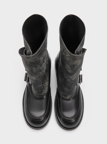 Aether Buckled Calf Boots - Dark Grey | CHARLES & KEITH