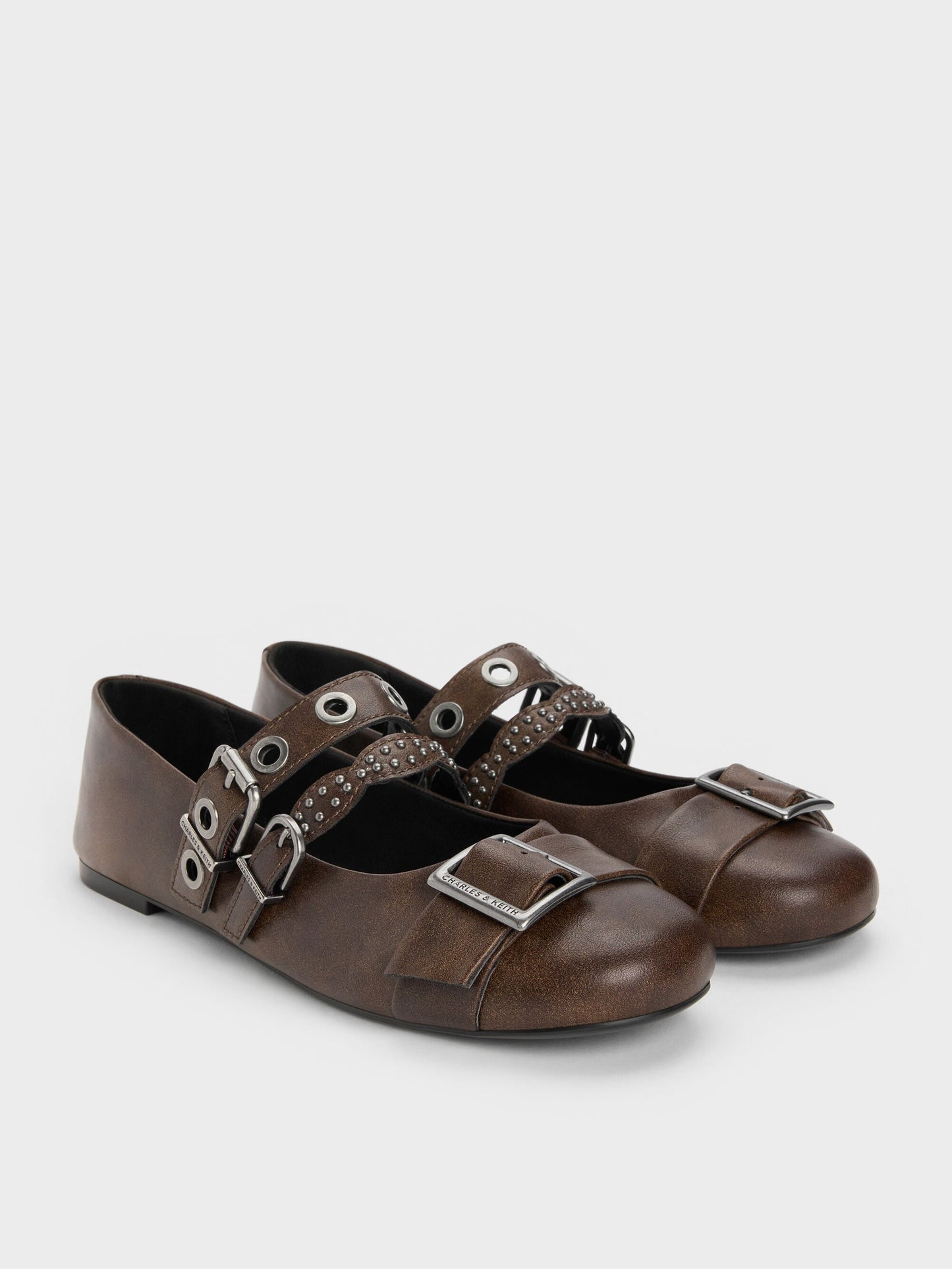Aether Grommet Studded Mary Jane Flats - Dark Brown | CHARLES & KEITH