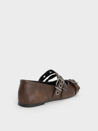 Aether Grommet Studded Mary Jane Flats - Dark Brown | CHARLES & KEITH