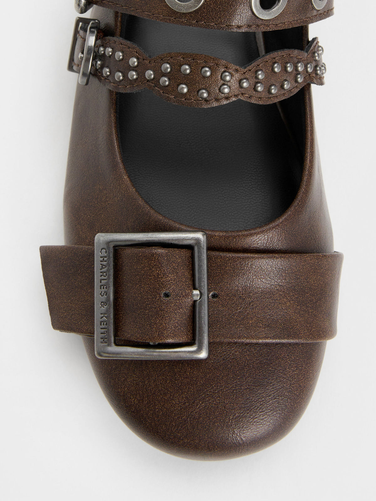 Aether Grommet Studded Mary Jane Flats - Dark Brown | CHARLES & KEITH