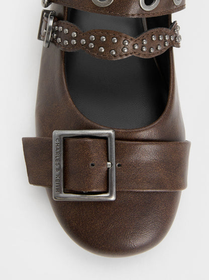 Aether Grommet Studded Mary Jane Flats - Dark Brown | CHARLES & KEITH