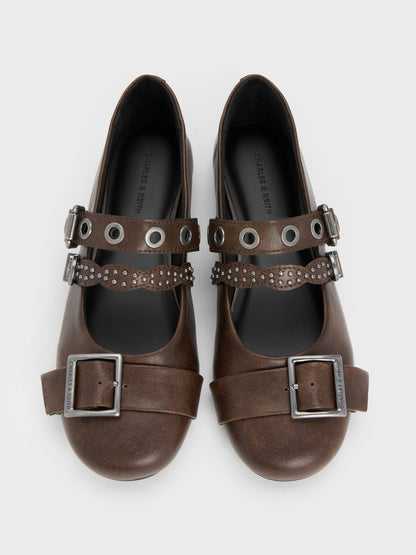Aether Grommet Studded Mary Jane Flats - Dark Brown | CHARLES & KEITH